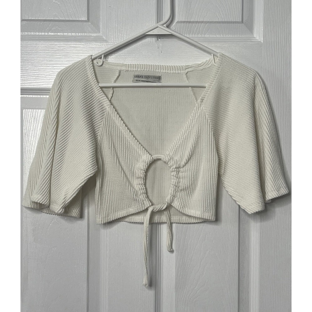 Urban Outfitters Ribbed Cutout Crop Top XS Ivory Beachy Coquette Y2K Romantic - Picture 2 of 8